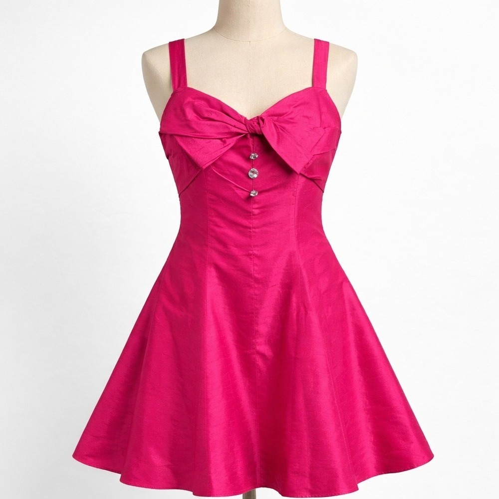 Vintage Pinup Silk Bow Mini Dress Sz S Hot Pink Barbie Coquette Party Retro Hoco